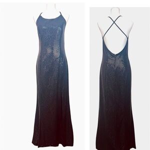 Vintage 90s Y2K Jessica McClintock Gunne Sax Black Sequin Halter Gown 9/10 Slit